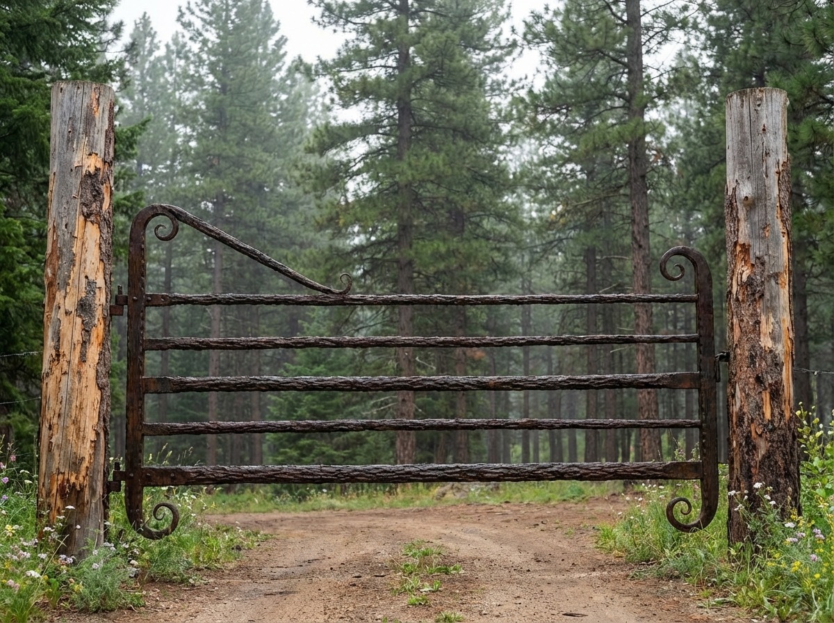 Кованые ворота загородного дома в деревенском стиле — простые решётки с грубой текстурой