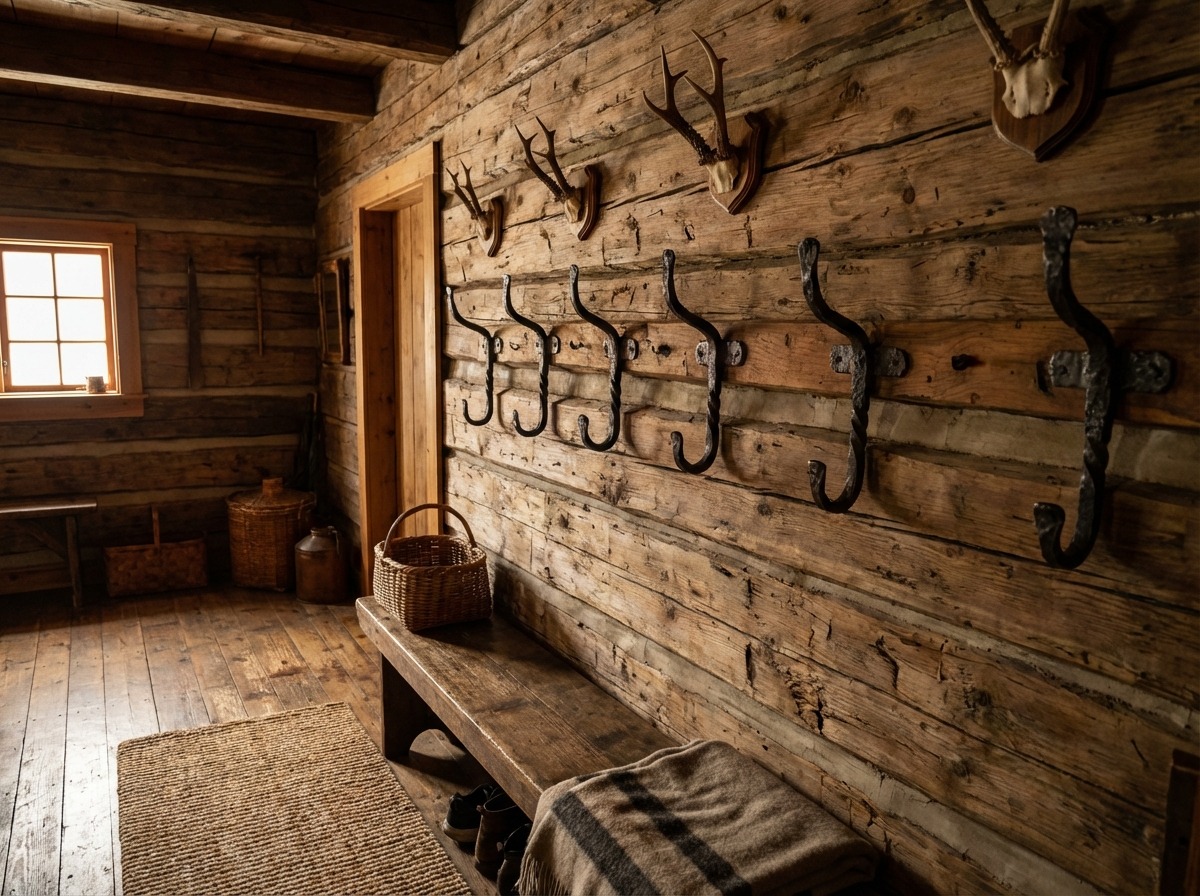 Кованые вешалки в прихожей деревенского дома — крючки с кованой фактурой на брёвнах