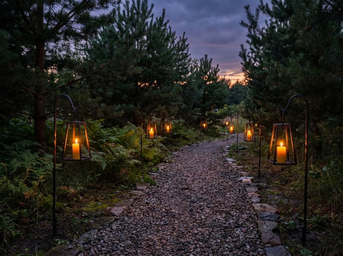 Кованые садовые фонари на металлических штырях вдоль дорожки — ручная ковка, угловые плафоны
