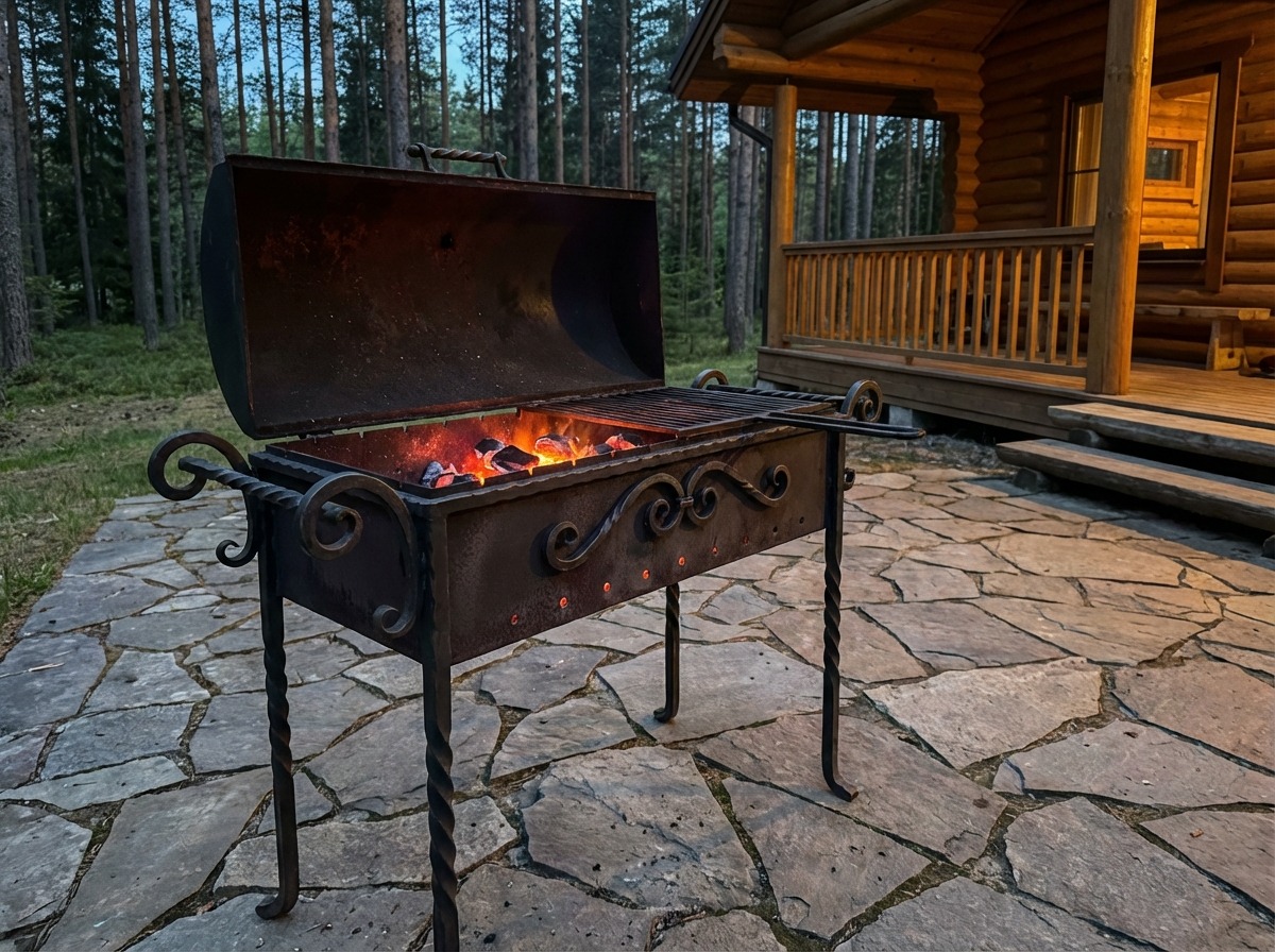 Кованый мангал ручной работы в стиле рустик — витые ножки, декоративные ручки, массивная конструкция