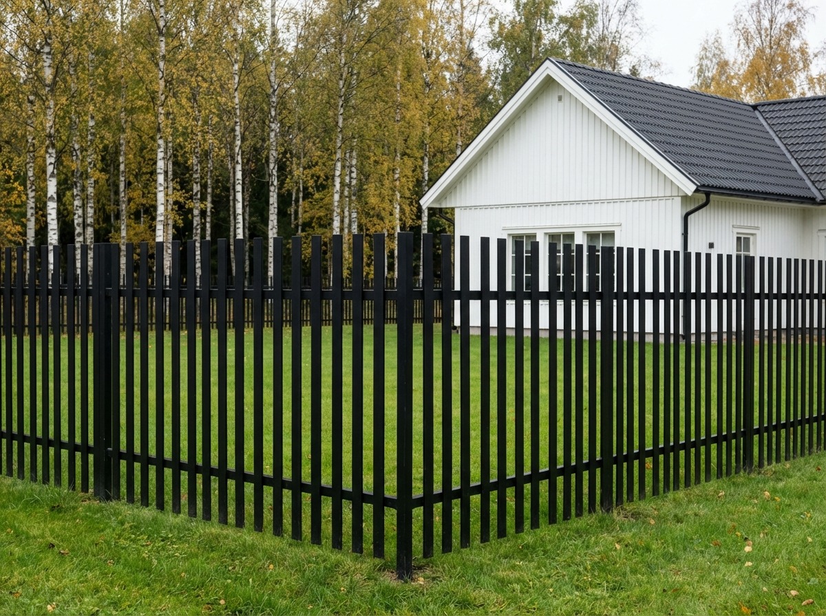 Кованый забор — вертикальные плоские прутья, равный шаг, матовый чёрный