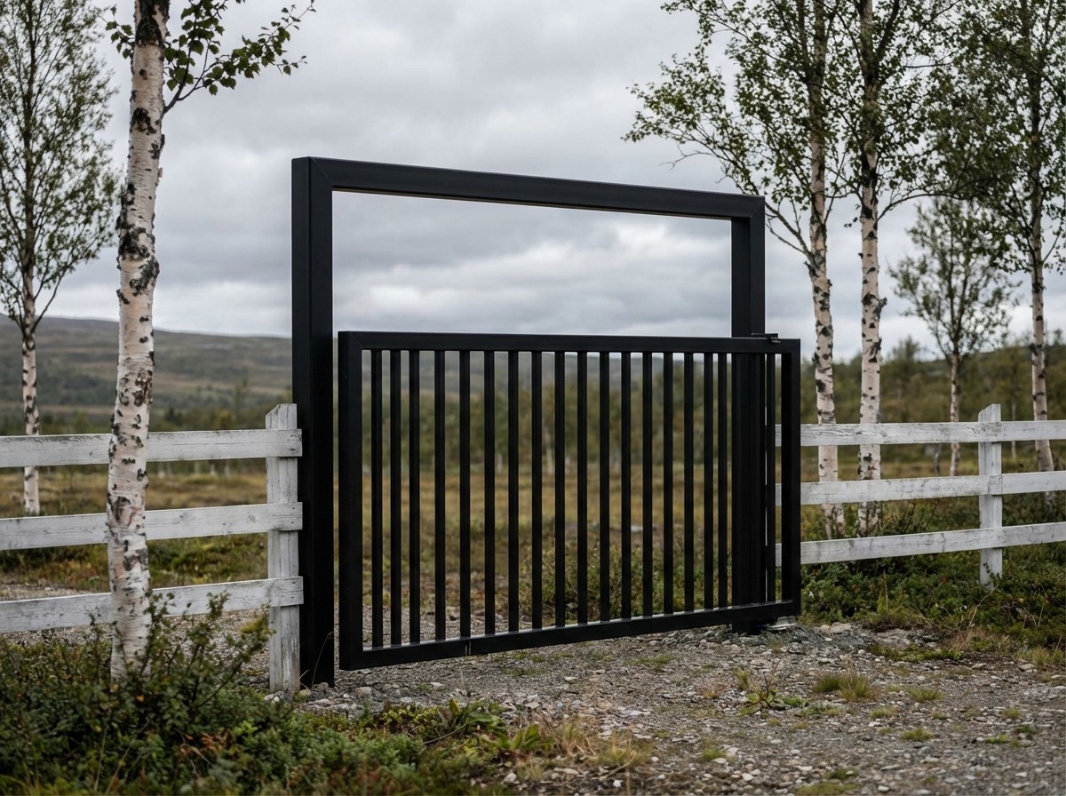 Минималистичные кованые ворота — чёрный металл, прямые вертикальные прутья, без орнамента