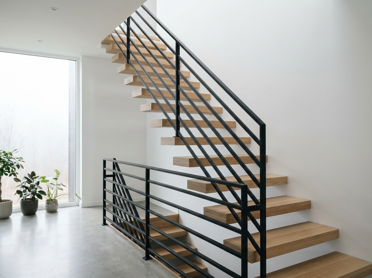 Кованые перила лестницы — горизонтальные прутья, матовый чёрный, скандинавский минимализм