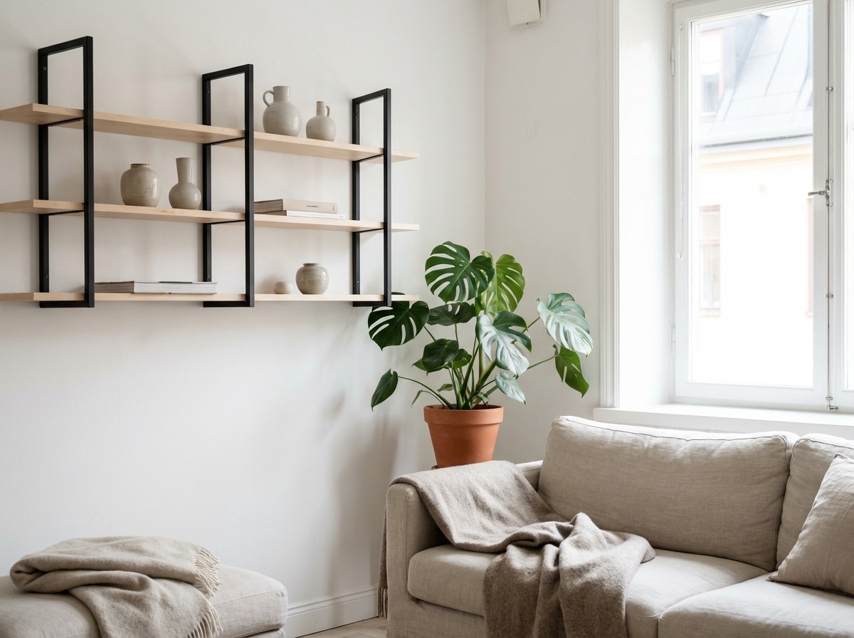 Настенные полки на кованых кронштейнах — чистые линии, берёзовое дерево, чёрный металл