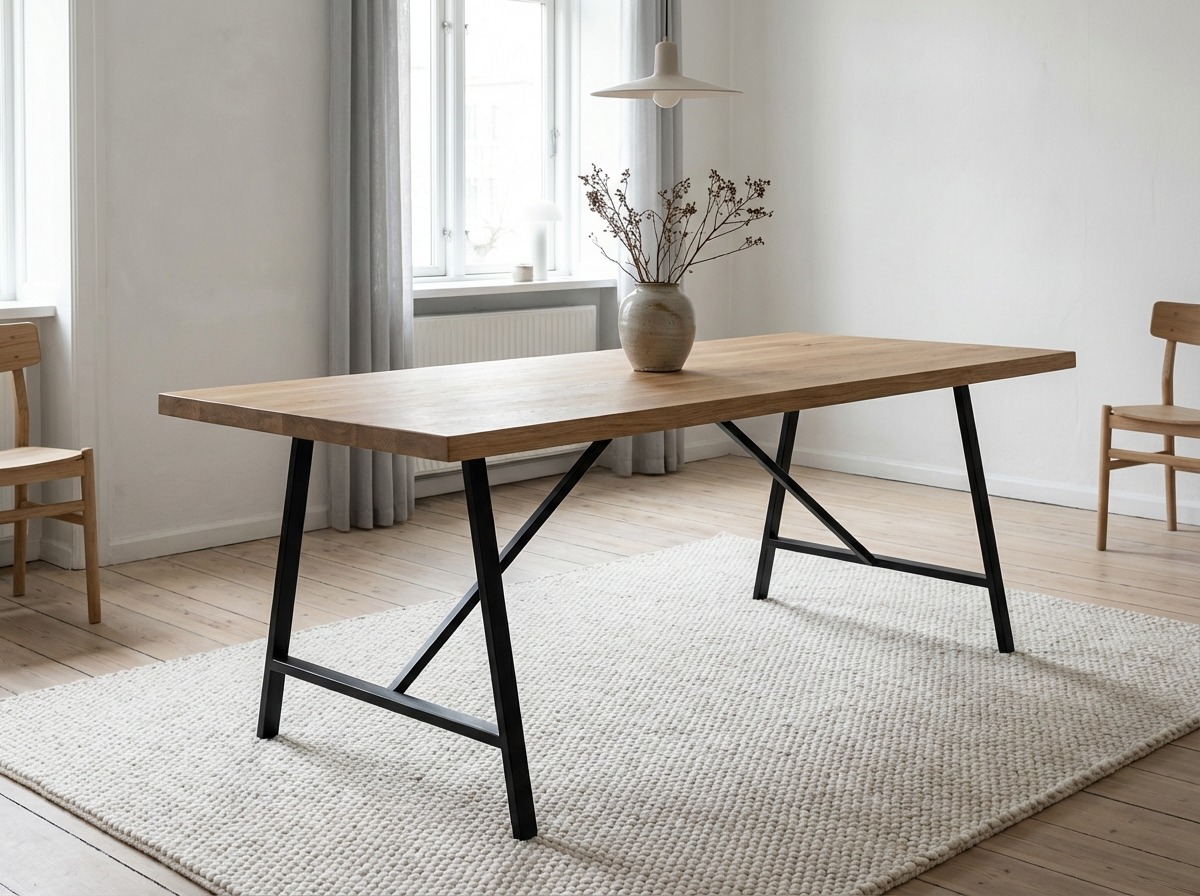 Обеденный стол с кованым основанием — hairpin-ножки, чёрное железо, столешница из дуба